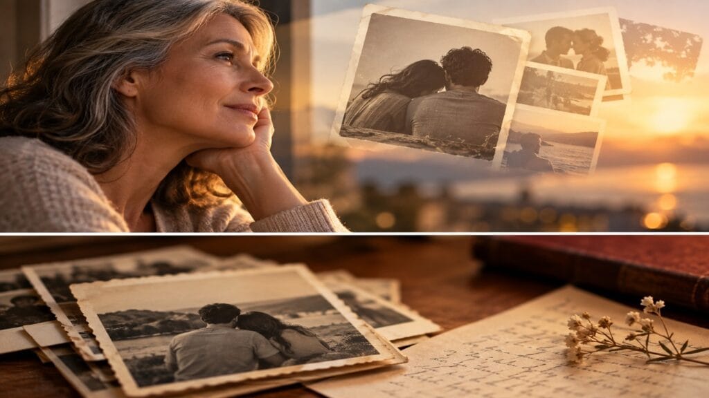 Mulher madura observa uma fotografia antiga de um casal jovem, representando a memória de um amor do passado.