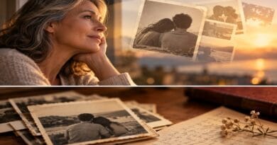 Mulher madura observa uma fotografia antiga de um casal jovem, representando a memória de um amor do passado.