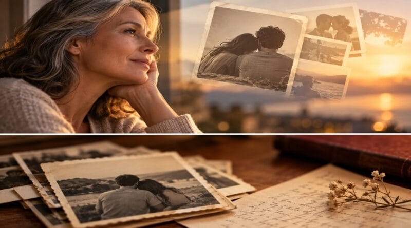 Mulher madura observa uma fotografia antiga de um casal jovem, representando a memória de um amor do passado.