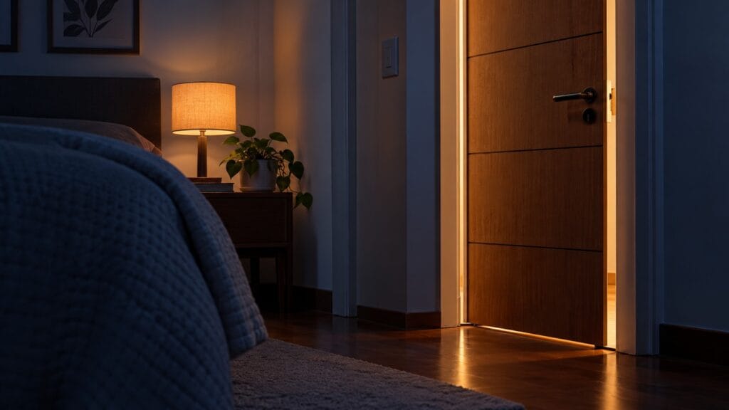 Quarto à noite com uma porta de madeira entreaberta e iluminada