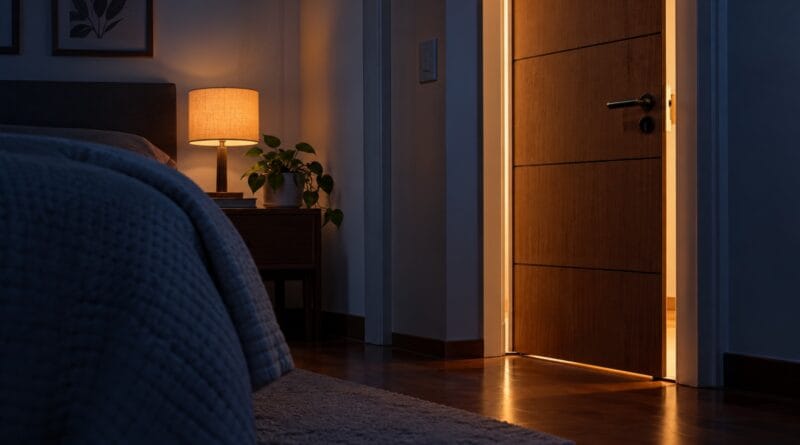 Quarto à noite com uma porta de madeira entreaberta e iluminada