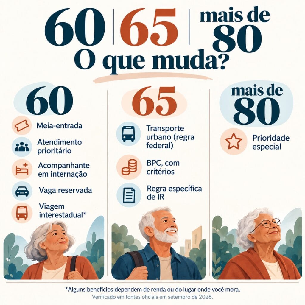 Infográfico resume direitos que começam aos 60 anos, aos 65 e após os 80 anos.