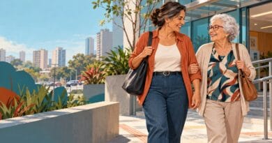 Mulher de cerca de 50 anos acompanhando uma mulher mais velha durante um compromisso cotidiano.