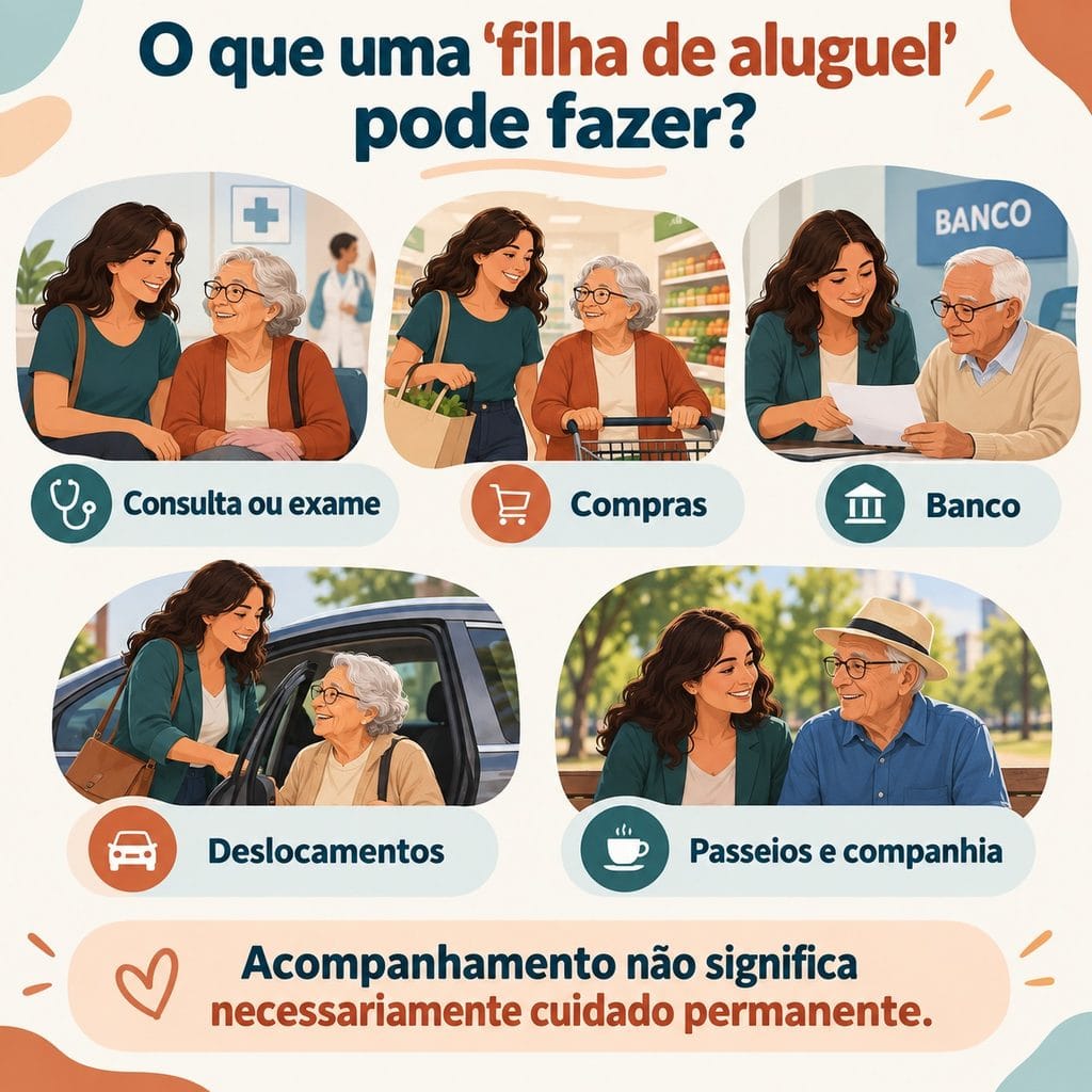 Infográfico mostra situações em que uma “filha de aluguel” pode acompanhar pessoas mais velhas: consultas, compras, banco, deslocamentos e passeios.