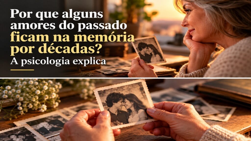 Mãos de uma pessoa madura seguram uma fotografia antiga de um casal jovem sobre uma mesa com outras fotos.
