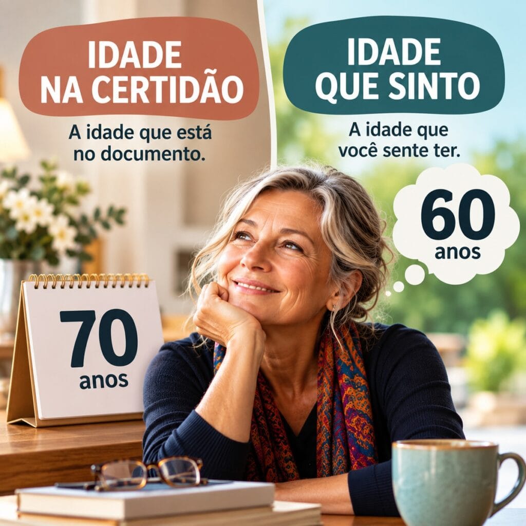 Ilustração comparando a idade cronológica com a idade que uma pessoa sente ter