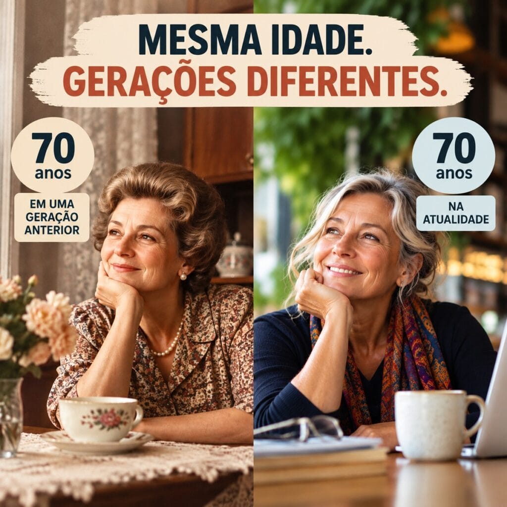 Comparação visual entre pessoas de gerações diferentes na mesma idade cronológica