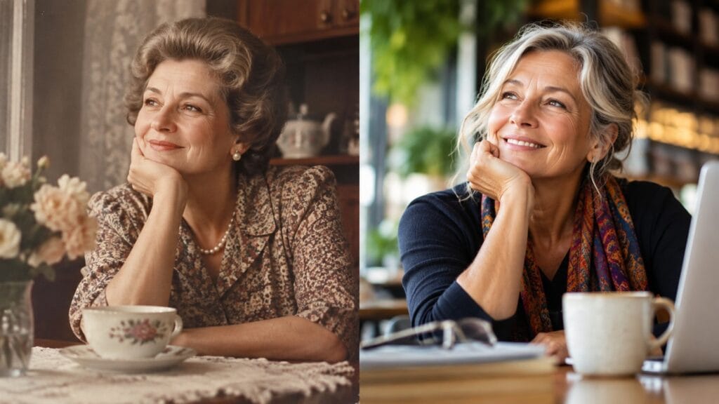Duas mulheres de gerações diferentes representadas com aproximadamente a mesma idade