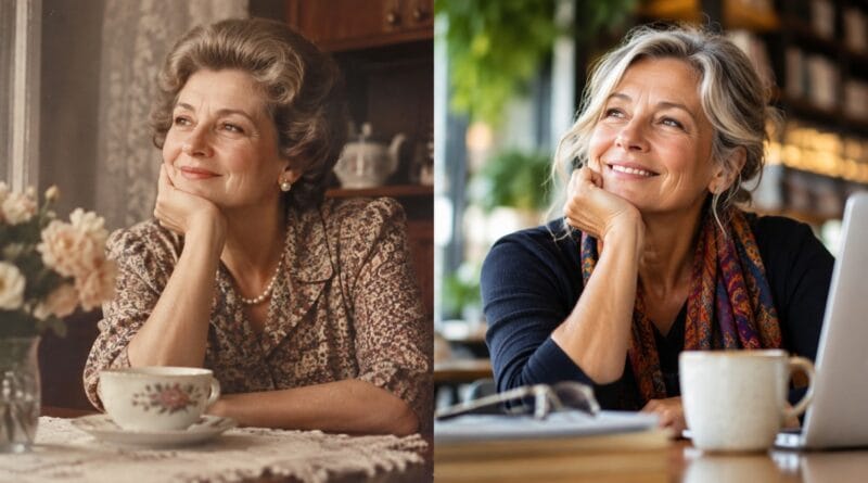 Duas mulheres de gerações diferentes representadas com aproximadamente a mesma idade