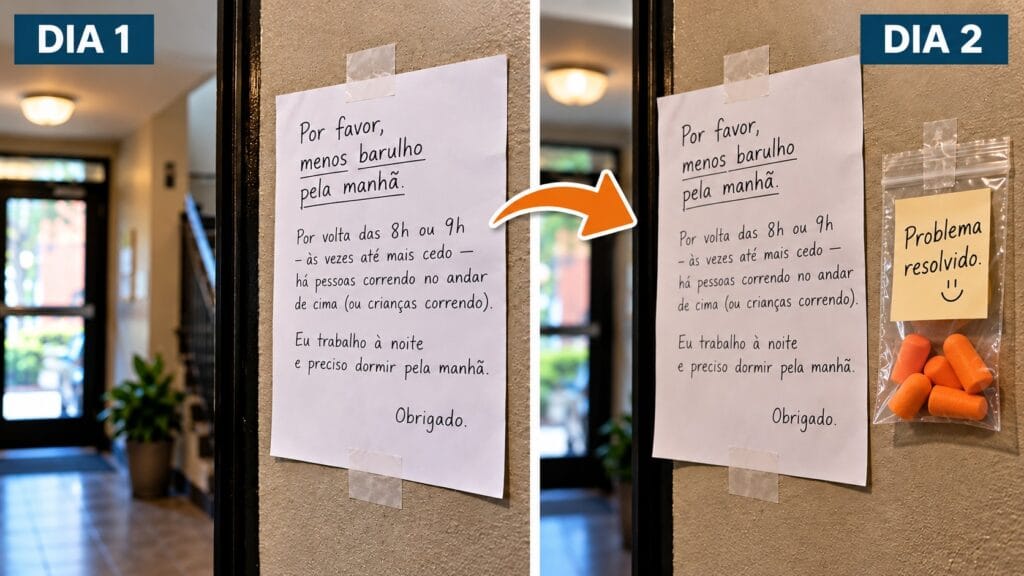 Reconstituição de dois momentos da história: no primeiro dia, um bilhete pede menos barulho pela manhã; no segundo, aparece ao lado dele um saco com protetores auriculares e a mensagem “Problema resolvido”.