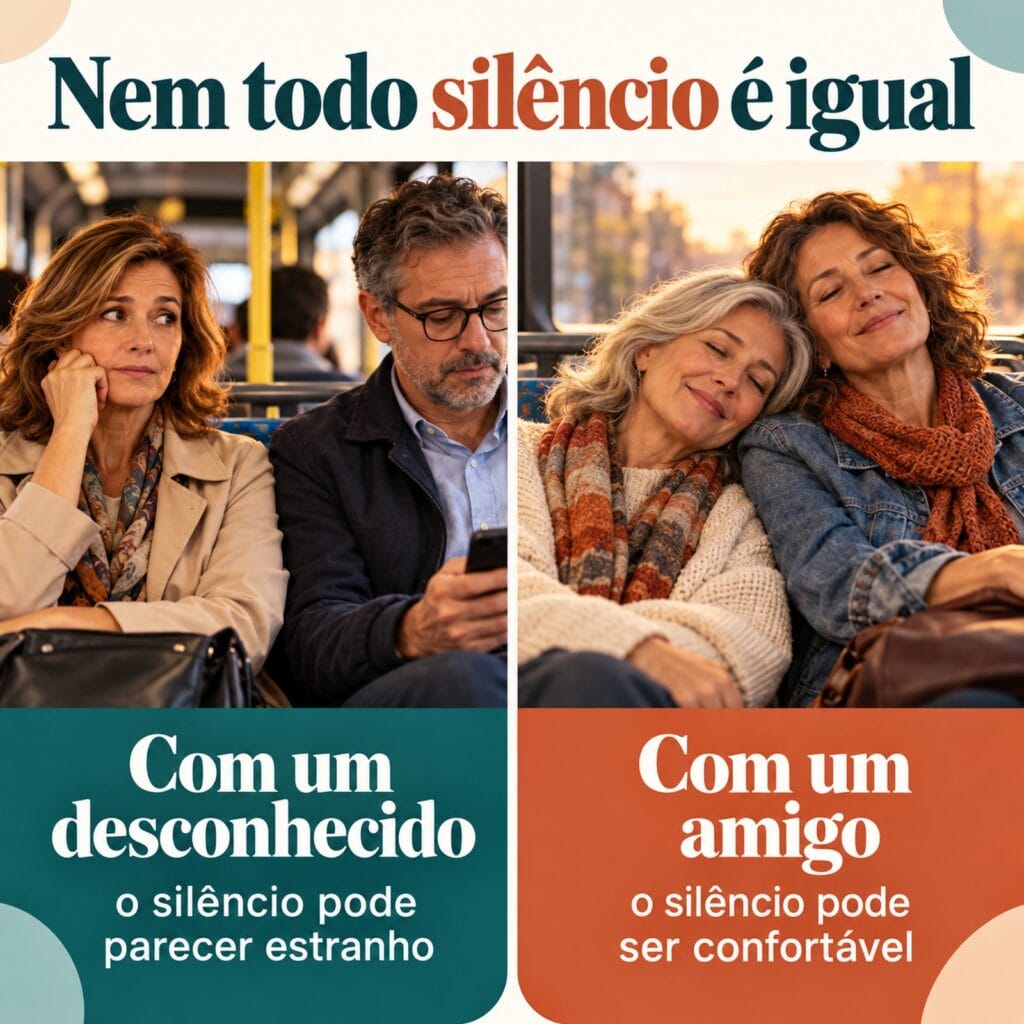 Comparação entre silêncio desconfortável com um desconhecido e silêncio confortável entre amigos