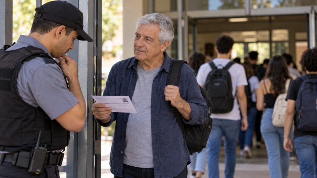 Homem mais velho mostra o comprovante de inscrição a um segurança na entrada de um local de vestibular, enquanto candidatos mais jovens entram ao fundo.