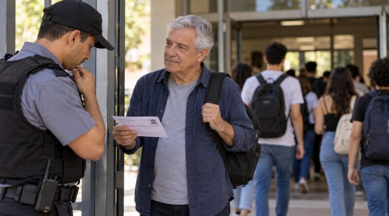 Homem mais velho mostra o comprovante de inscrição a um segurança na entrada de um local de vestibular, enquanto candidatos mais jovens entram ao fundo.