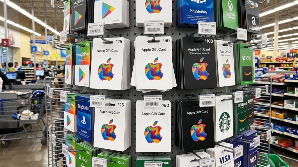 Cartões-presente da Apple, brancos e pretos, expostos em um suporte de loja ao lado de cartões de outras marcas.