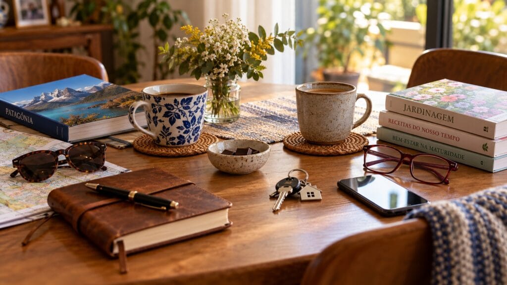 Duas xícaras de café, livros, óculos e chaves sobre uma mesa, representando duas vidas que começam a compartilhar o cotidiano.