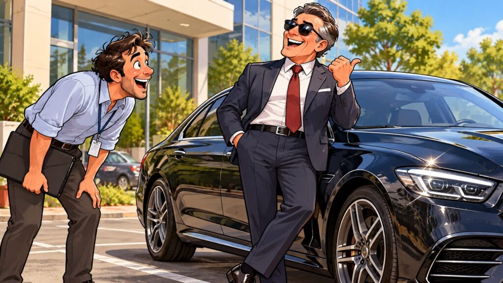 Funcionário admira o carro de luxo do chefe no estacionamento da empresa