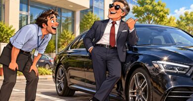 Funcionário admira o carro de luxo do chefe no estacionamento da empresa