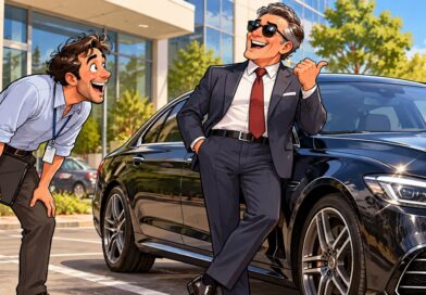 Funcionário admira o carro de luxo do chefe no estacionamento da empresa