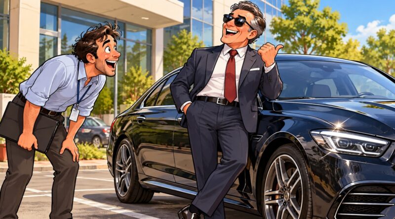 Funcionário admira o carro de luxo do chefe no estacionamento da empresa