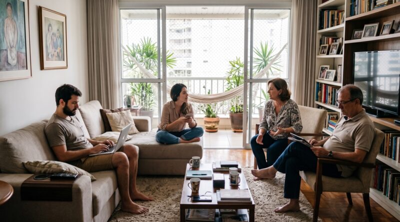 Casal maduro na sala enquanto filhos adultos permanecem na casa da família.