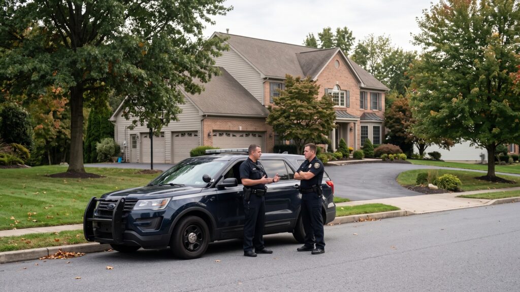 Dois policiais uniformizados conversam ao lado de uma viatura escura estacionada diante de uma casa em um bairro residencial americano. Imagem ilustrativa gerada por IA.