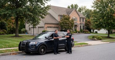 Dois policiais uniformizados conversam ao lado de uma viatura escura estacionada diante de uma casa em um bairro residencial americano. Imagem ilustrativa gerada por IA.