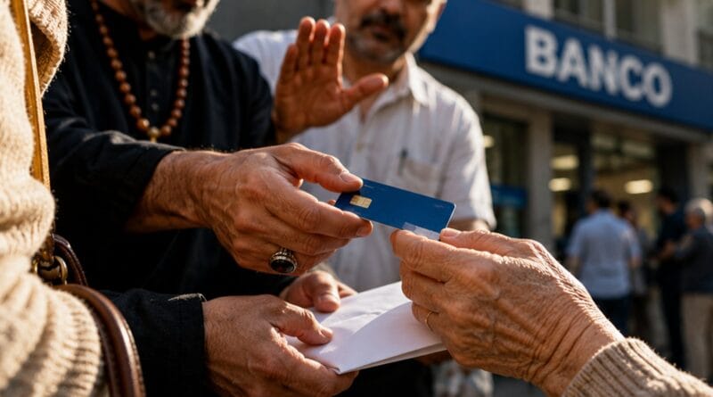 Pessoa idosa entrega cartão bancário a homem durante suposta benção na porta do banco.