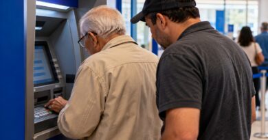 Homem idoso utiliza caixa eletrônico em agência bancária enquanto outro homem permanece próximo, em cena ilustrativa de golpe bancário.