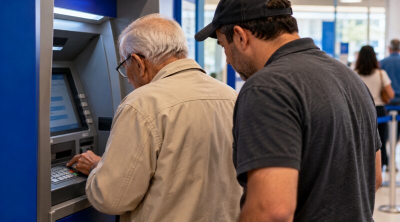 Homem idoso utiliza caixa eletrônico em agência bancária enquanto outro homem permanece próximo, em cena ilustrativa de golpe bancário.