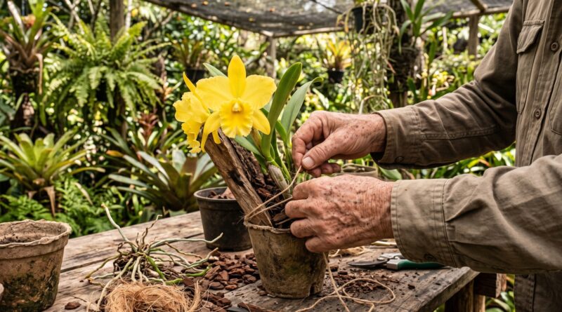 Mãos de homem idoso plantando orquídeas em um vaso sobre uma mesa de madeira ao ao livre