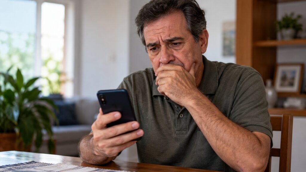 Homem maduro sentado à mesa olha para o celular com expressão preocupada.