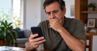 Homem maduro sentado à mesa olha para o celular com expressão preocupada.
