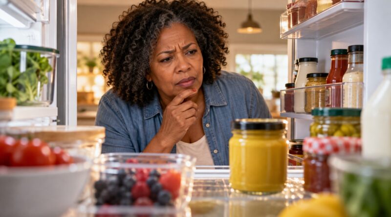 Mulher negra de meia-idade procura um produto na geladeira aberta, sem perceber um pote de mostarda bem diante dela.