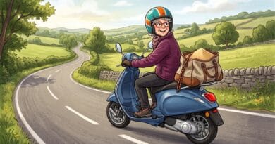 Senhora dirigindo uma scooter com uma bolsa grande cheia de areia presa na parte traseira