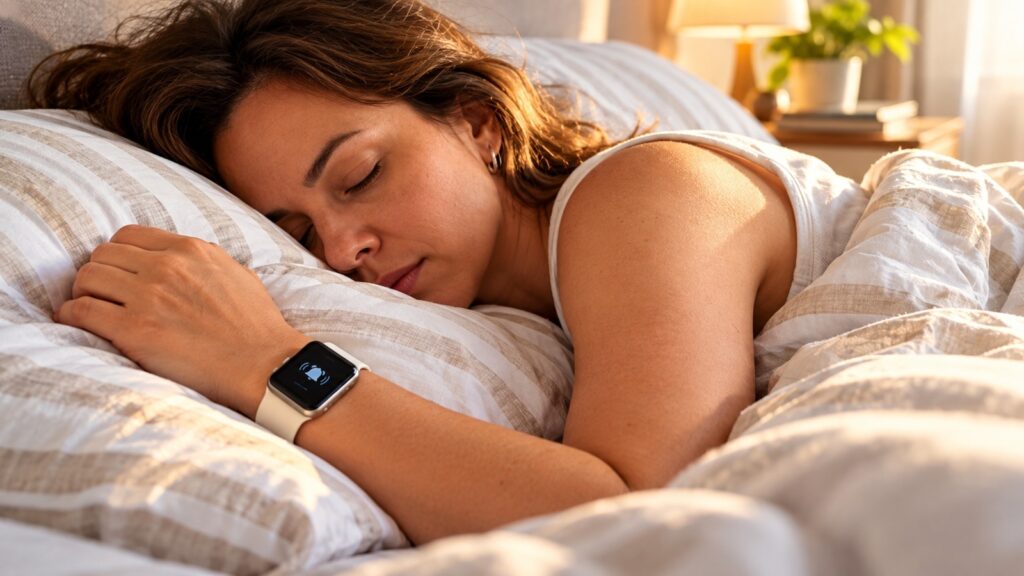 Mulher dormindo com um smartwatch no pulso, usado como despertador vibratório.