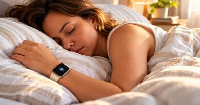 Mulher dormindo com um smartwatch no pulso, usado como despertador vibratório.