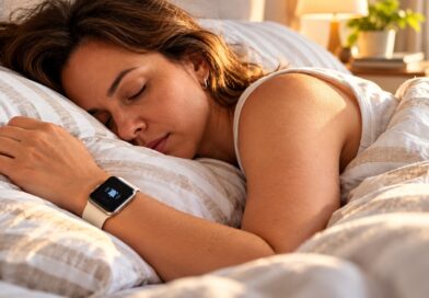 Mulher dormindo com um smartwatch no pulso, usado como despertador vibratório.