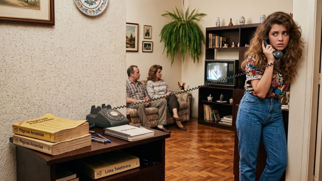 Pessoa tenta levar um telefone fixo de disco para trás de uma porta, esticando o fio ao lado de uma mesinha com listas e agenda telefônicas.