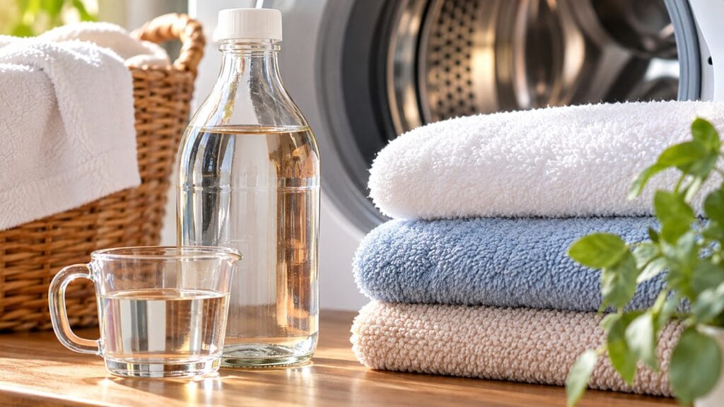 Garrafa transparente de vinagre ao lado de toalhas dobradas e uma máquina de lavar roupas.