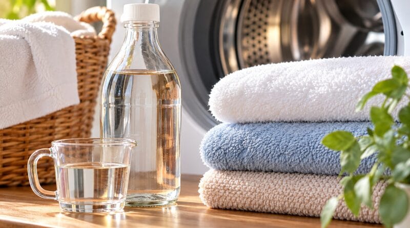 Garrafa transparente de vinagre ao lado de toalhas dobradas e uma máquina de lavar roupas.